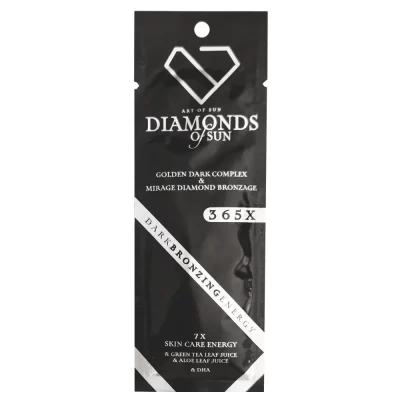 Soliariumo kremas"Diamonds of Sun" Dark bronzing energy.Sudėtyje yra žaliosios arbatos, alavijo lapų sulčių ir DHA bronzantas. Juodas tūbelės dizainas su deimantų emblema ir blizgančiu papuošimu apačioje.15ml