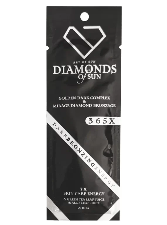 Soliariumo kremas"Diamonds of Sun" Dark bronzing energy.Sudėtyje yra žaliosios arbatos, alavijo lapų sulčių ir DHA bronzantas. Juodas tūbelės dizainas su deimantų emblema ir blizgančiu papuošimu apačioje.15ml