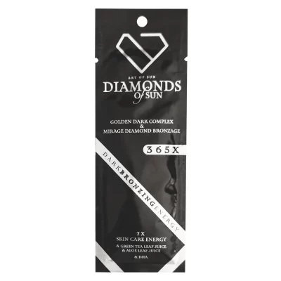 Soliariumo kremas"Diamonds of Sun" Dark bronzing energy.Sudėtyje yra žaliosios arbatos, alavijo lapų sulčių ir DHA bronzantas. Juodas tūbelės dizainas su deimantų emblema ir blizgančiu papuošimu apačioje.15ml