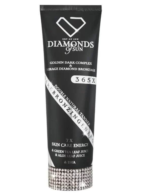 Soliariumo kremas"Diamonds of Sun"Dark bronzing energy. Sudėtyje yra žaliosios arbatos, alavijo lapų sulčių ir DHA bronzantas. Juodas tūbelės dizainas su deimantų emblema ir blizgančiu papuošimu apačioje.250ml