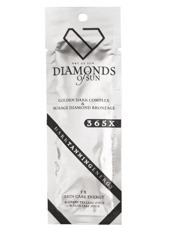 Soliariumo kremas"Diamonds of Sun"Dark tanning energy.Sudėtyje yra žaliosios arbatos ir alavijo lapų sulčių. Baltos tūbelės dizainas su deimanto logotipu viršuje ir blizgančiu deimantų papuošimu apačioje.15ml