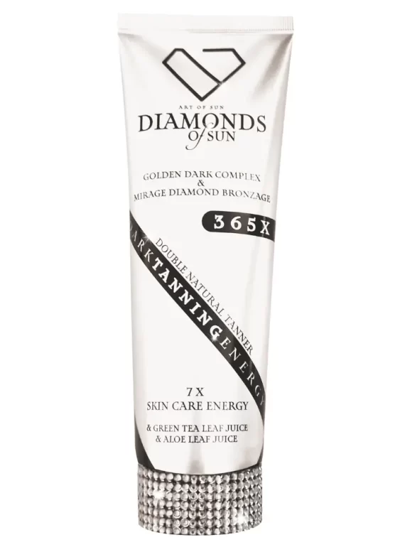 Soliariumo kremas"Diamonds of Sun"Dark tanning energy.Sudėtyje yra žaliosios arbatos ir alavijo lapų sulčių. Baltos tūbelės dizainas su deimanto logotipu viršuje ir blizgančiu deimantų papuošimu apačioje.250ml