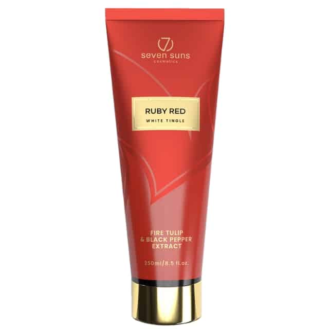 Seven Suns Ruby Red 250ml ekstremalus soliariumo losjonas - burbono raudona pakuotė su aukso detalėmis, su ugninės tulpės ir juodųjų pipirų aliejais, intensyviam kaitinančiam poveikiui ir sunkiai įdegančių vietų įdegiui
