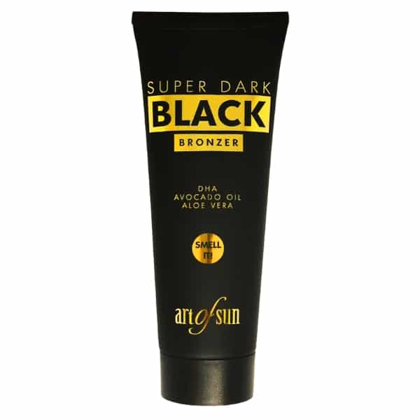 Art of Sun Super Dark Black Bronzer intensyvaus įdegio soliariumo kremas 125ml - juoda pakuotė su aukso detalėmis, praturtintas DHA, avokadų aliejumi ir alavijų ekstraktu