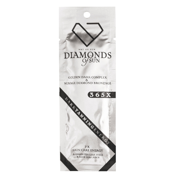 Soliariumo kremas"Diamonds of Sun"Dark tanning energy.Sudėtyje yra žaliosios arbatos ir alavijo lapų sulčių. Baltos tūbelės dizainas su deimanto logotipu viršuje ir blizgančiu deimantų papuošimu apačioje.15ml