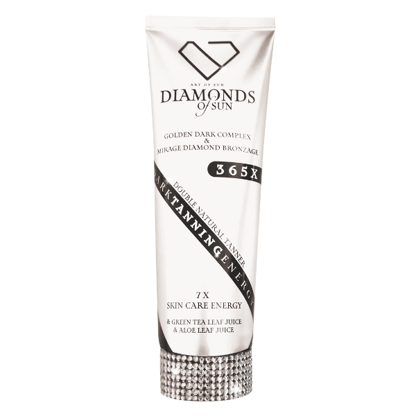 Soliariumo kremas"Diamonds of Sun"Dark tanning energy.Sudėtyje yra žaliosios arbatos ir alavijo lapų sulčių. Baltos tūbelės dizainas su deimanto logotipu viršuje ir blizgančiu deimantų papuošimu apačioje.250ml