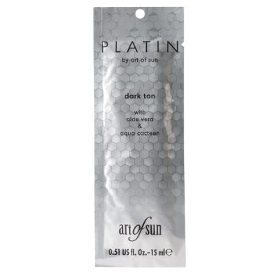 Art of Sun Platin Dark Tan 15ml premium soliariumo losjonas - sidabrinė pakuotė su koriniu dizainu, praturtintas alavijų ir kaktuso ekstraktais intensyviam įdegiui ir odos drėkinimui
