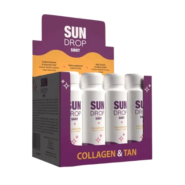 „Sun Drop Beuty Shot“ kolageno ir įdegio gėrimas su guarana, hialurono rūgštimi, tirozinu ir variu – grožio papildas odos elastingumui ir įdegiui palaikyti, 80 ml buteliukas.Pakuotėje 12vnt.