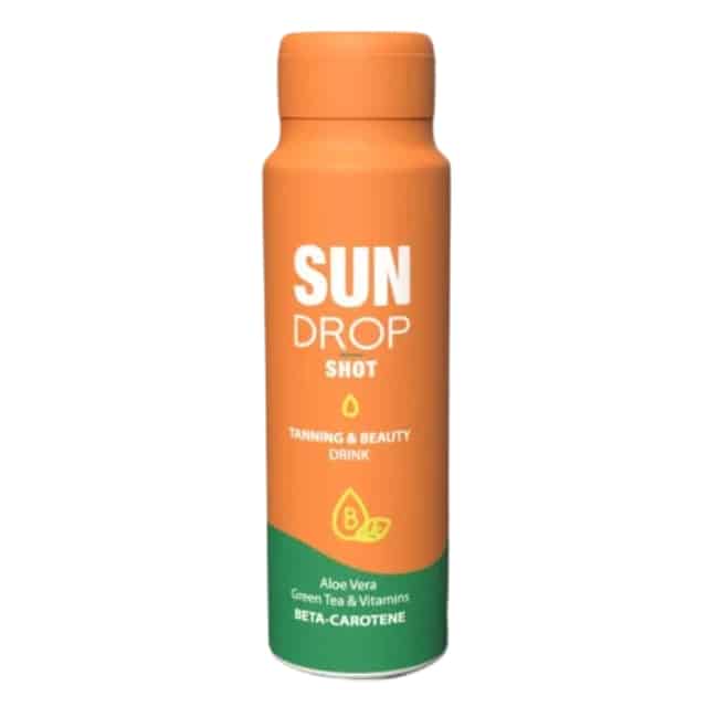„Sun Drop Shot“ įdegio gėrimas su beta-karotenu, alaviju, žaliąja arbata ir vitaminais – grožio papildas natūraliam įdegiui, 80 ml buteliukas
