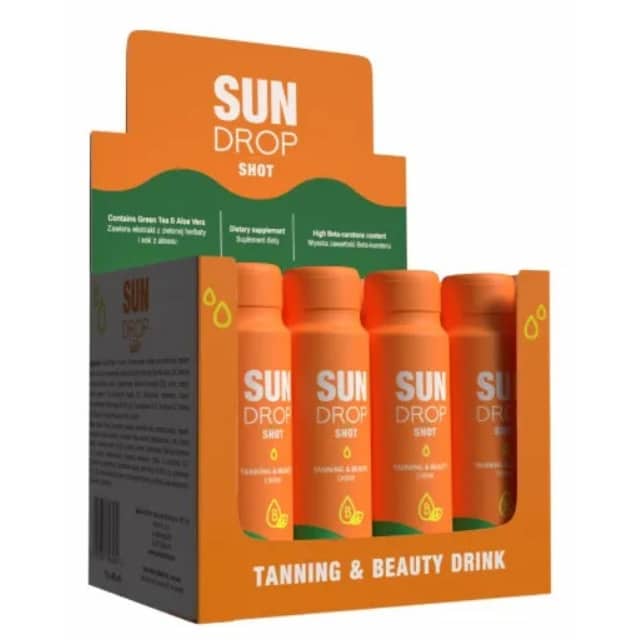 „Sun Drop Shot“ įdegio gėrimas su beta-karotenu, alaviju, žaliąja arbata ir vitaminais – grožio papildas natūraliam įdegiui, 80 ml buteliukas.Pakuotėje 12vnt.