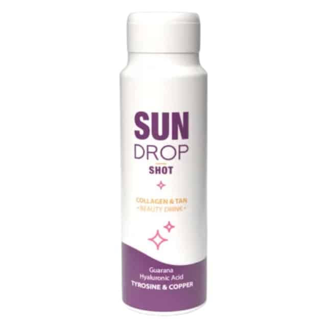 „Sun Drop Beuty Shot“ kolageno ir įdegio gėrimas su guarana, hialurono rūgštimi, tirozinu ir variu – grožio papildas odos elastingumui ir įdegiui palaikyti, 80 ml buteliukas.