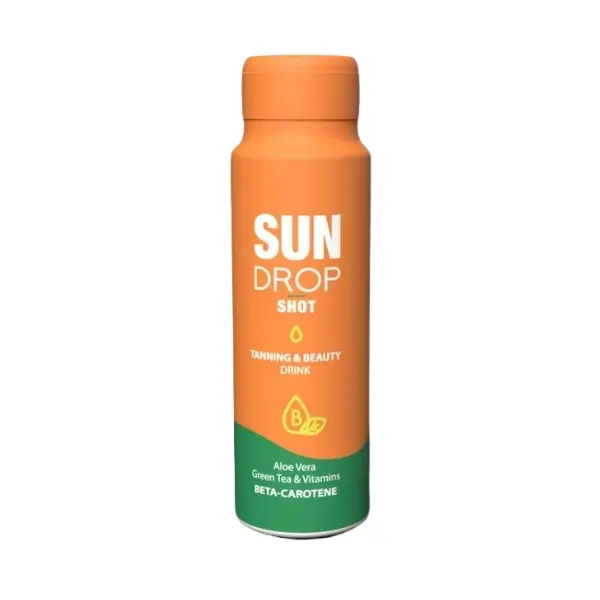 „Sun Drop Shot“ įdegio gėrimas su beta-karotenu, alaviju, žaliąja arbata ir vitaminais – grožio papildas natūraliam įdegiui, 80 ml buteliukas