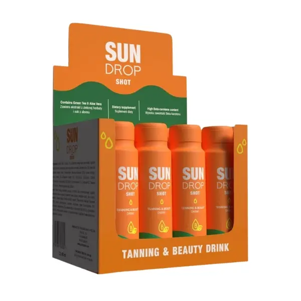 „Sun Drop Shot“ įdegio gėrimas su beta-karotenu, alaviju, žaliąja arbata ir vitaminais – grožio papildas natūraliam įdegiui, 80 ml buteliukas.Pakuotėje 12vnt.