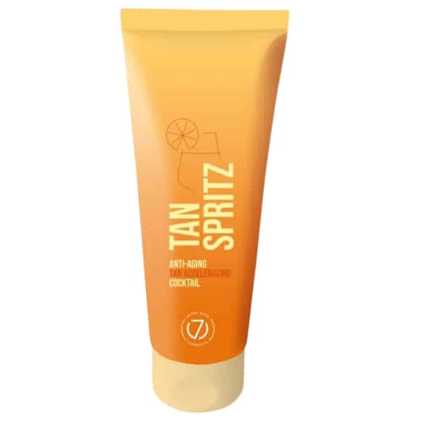 Tan Spritz soliariumo kremas 100 ml – įdegį greitinantis ir nuo odos senėjimo saugantis losjonas su citrusiniu kvapu, oranžinės spalvos pakuotė