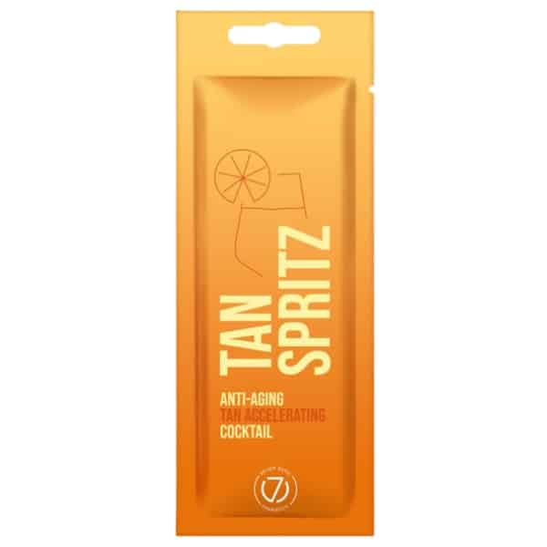 Tan Spritz soliariumo kremas 15 ml – įdegį greitinantis ir nuo odos senėjimo saugantis losjonas su citrusiniu kvapu, oranžinės spalvos pakuotė