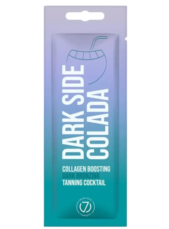 Dark Side Colada soliariumo kremas 15 ml – kolageną skatinantis, tamsinantis įdegio losjonas su bronzantais, mėlynos-violetinės spalvos pakuotė