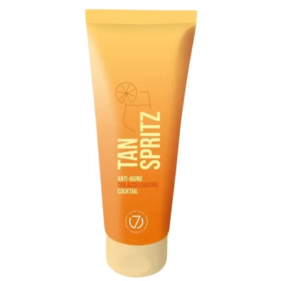 Tan Spritz soliariumo kremas 100 ml – įdegį greitinantis ir nuo odos senėjimo saugantis losjonas su citrusiniu kvapu, oranžinės spalvos pakuotė