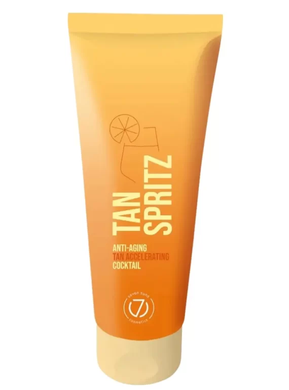Tan Spritz soliariumo kremas 100 ml – įdegį greitinantis ir nuo odos senėjimo saugantis losjonas su citrusiniu kvapu, oranžinės spalvos pakuotė