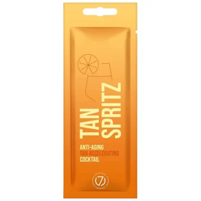 Tan Spritz soliariumo kremas 15 ml – įdegį greitinantis ir nuo odos senėjimo saugantis losjonas su citrusiniu kvapu, oranžinės spalvos pakuotė