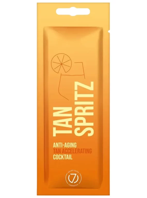 Tan Spritz soliariumo kremas 15 ml – įdegį greitinantis ir nuo odos senėjimo saugantis losjonas su citrusiniu kvapu, oranžinės spalvos pakuotė