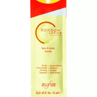 Art of Sun Rainbow lotion 15ml universalus soliariumo losjonas - geltona pakuotė su raudonu akcentu, su aštuoniais natūraliais ekstraktais (ženšenis, kaktusų figa, centelė, kinrožės, granatai, ginkmedis, saulėgrąžos, arnika) veido ir kūno įdegiui