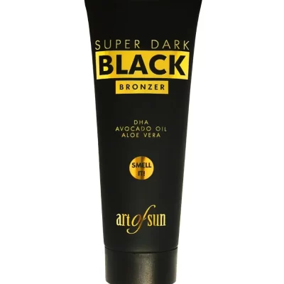 Art of Sun Super Dark Black Bronzer intensyvaus įdegio soliariumo kremas 125ml - juoda pakuotė su aukso detalėmis, praturtintas DHA, avokadų aliejumi ir alavijų ekstraktu