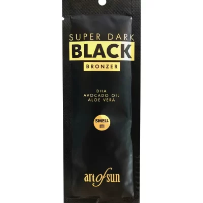 Art of Sun Super Dark Black Bronzer intensyvaus įdegio soliariumo kremas 15ml - juoda pakuotė su aukso detalėmis, praturtintas DHA, avokadų aliejumi ir alavijų ekstraktu