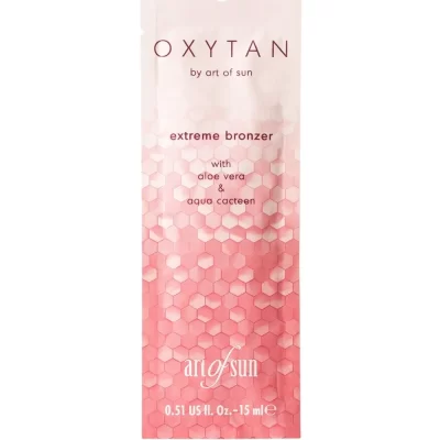 Art of Sun Oxytan Extreme Bronzer 15ml soliariumo kremas - rožinė pakuotė su koriniu dizainu, praturtintas deguonies kompleksu, sojos, kviečių gemalų ir vynuogių ekstraktais, alavijais ir kaktuso ekstraktu odos jaunystei ir intensyviam įdegiui