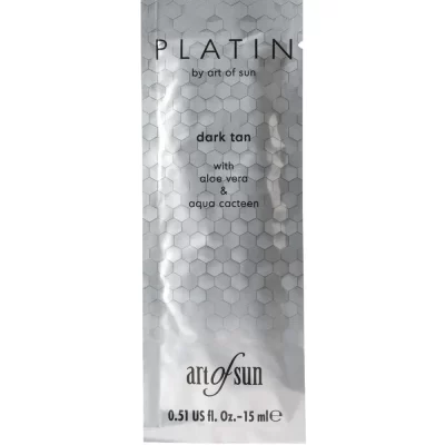 Art of Sun Platin Dark Tan 15ml premium intensyvaus įdegio kremas - sidabrinė pakuotė su koriniu dizainu, praturtintas alavijų ir kaktuso ekstraktais intensyviam įdegiui ir odos drėkinimui