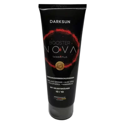 Darksun Booster Nova MB-Aloe Vera 125ml soliariumo kremas - juoda pakuotė su raudonu šviečiančiu apskritimu, su melanino bronzantu, alavijais, tokoferoliu ir blizgučiais bei augaliniais aliejais (kanapių, persikų, graikinių riešutų, saulėgrąžų) intensyviam ir ilgalaikiam įdegiui