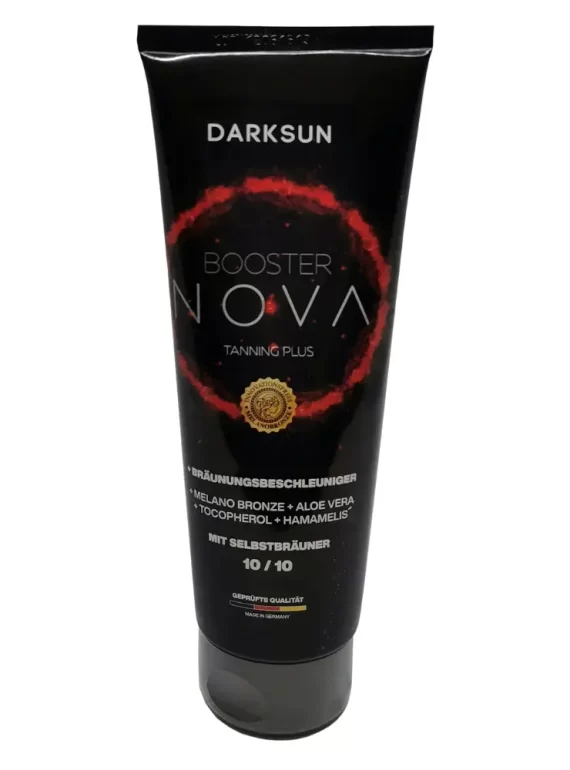 Darksun Booster Nova MB-Aloe Vera 125ml soliariumo kremas - juoda pakuotė su raudonu šviečiančiu apskritimu, su melanino bronzantu, alavijais, tokoferoliu ir blizgučiais bei augaliniais aliejais (kanapių, persikų, graikinių riešutų, saulėgrąžų) intensyviam ir ilgalaikiam įdegiui