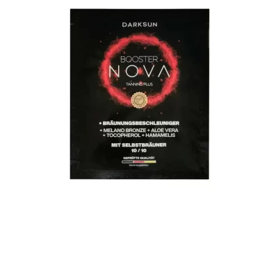 Darksun Booster Nova MB-Aloe Vera 15ml soliariumo kremas - juoda pakuotė su raudonu šviečiančiu apskritimu, su melanino bronzantu, alavijais, tokoferoliu ir blizgučiais bei augaliniais aliejais (kanapių, persikų, graikinių riešutų, saulėgrąžų) intensyviam ir ilgalaikiam įdegiui