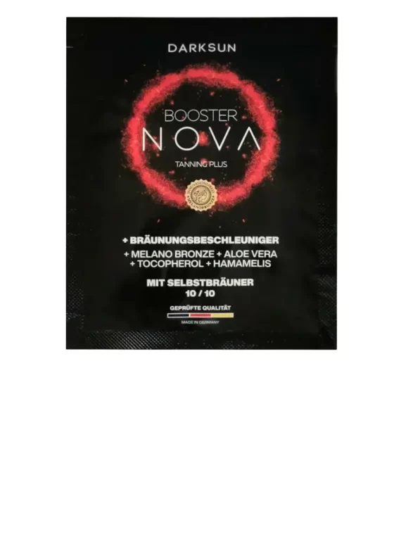 Darksun Booster Nova MB-Aloe Vera 15ml soliariumo kremas - juoda pakuotė su raudonu šviečiančiu apskritimu, su melanino bronzantu, alavijais, tokoferoliu ir blizgučiais bei augaliniais aliejais (kanapių, persikų, graikinių riešutų, saulėgrąžų) intensyviam ir ilgalaikiam įdegiui