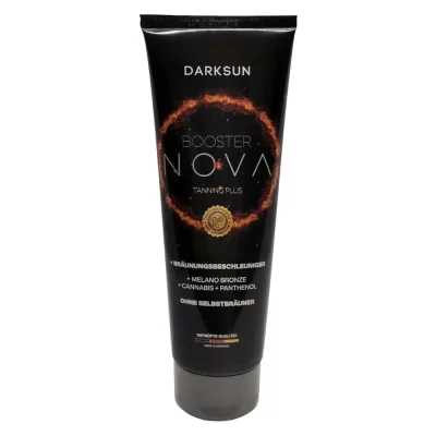 Darksun Booster Nova MB-Cannabis 125ml soliariumo kremas - juoda pakuotė su oranžiniu šviečiančiu apskritimu, su melanino bronzantu, alavijais, kanapių aliejumi ir kitais augaliniais aliejais (persikų, graikinių riešutų, saulėgrąžų) intensyviam ir ilgalaikiam įdegiui