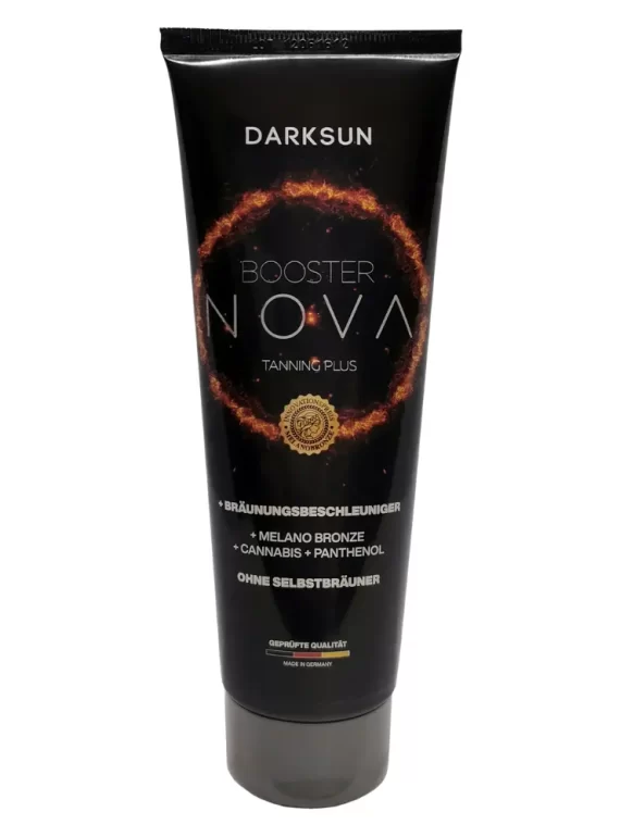 Darksun Booster Nova MB-Cannabis 125ml soliariumo kremas - juoda pakuotė su oranžiniu šviečiančiu apskritimu, su melanino bronzantu, alavijais, kanapių aliejumi ir kitais augaliniais aliejais (persikų, graikinių riešutų, saulėgrąžų) intensyviam ir ilgalaikiam įdegiui