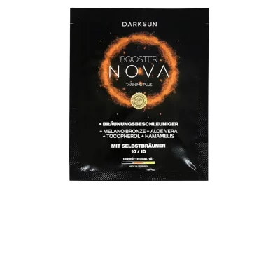 Darksun Booster Nova MB-Cannabis 15ml soliariumo kremas - juoda pakuotė su oranžiniu šviečiančiu apskritimu, su melanino bronzantu, alavijais, kanapių aliejumi ir kitais augaliniais aliejais (persikų, graikinių riešutų, saulėgrąžų) intensyviam ir ilgalaikiam įdegiui