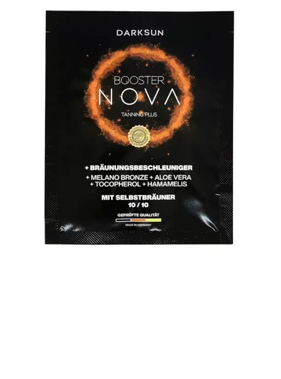 Darksun Booster Nova MB-Cannabis 15ml soliariumo kremas - juoda pakuotė su oranžiniu šviečiančiu apskritimu, su melanino bronzantu, alavijais, kanapių aliejumi ir kitais augaliniais aliejais (persikų, graikinių riešutų, saulėgrąžų) intensyviam ir ilgalaikiam įdegiui