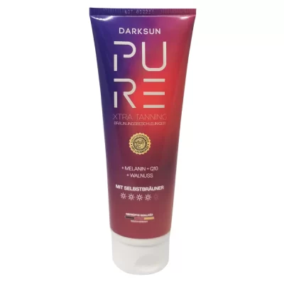 Pure Xtra Tanning M-Q10 125ml soliariumo kremas - violetinė-raudona-oranžinė pereinančių spalvų pakuotė, su M-melaninu, kofermentu Q10 ir graikinių riešutų aliejumi intensyviam įdegiui ir odos atjauninimui