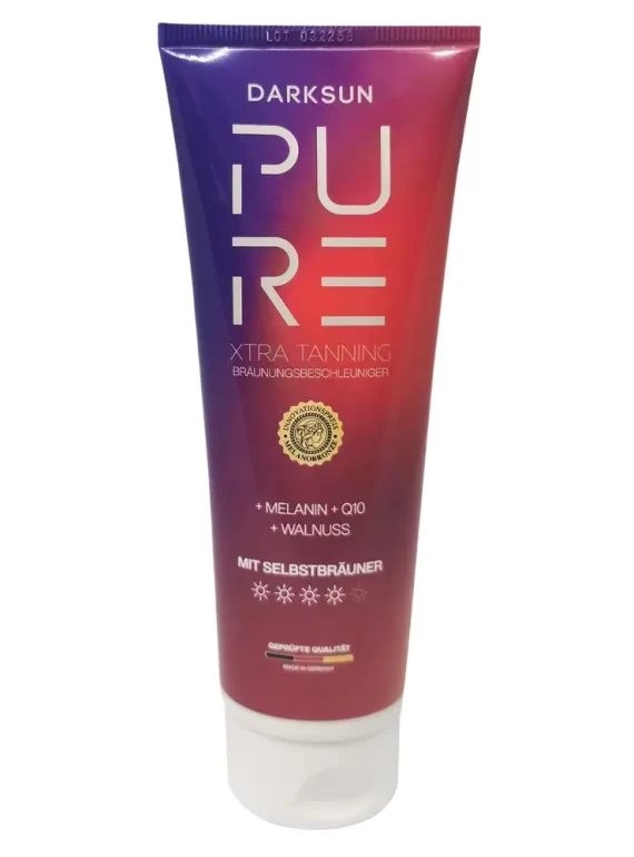 Pure Xtra Tanning M-Q10 125ml soliariumo kremas - violetinė-raudona-oranžinė pereinančių spalvų pakuotė, su M-melaninu, kofermentu Q10 ir graikinių riešutų aliejumi intensyviam įdegiui ir odos atjauninimui
