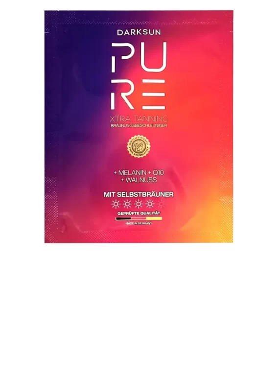 Pure Xtra Tanning M-Q10 15ml soliariumo kremas - violetinė-raudona-oranžinė pereinančių spalvų pakuotė, su M-melaninu, kofermentu Q10 ir graikinių riešutų aliejumi intensyviam įdegiui ir odos atjauninimui