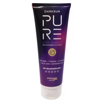 Pure Xtra Tanning M-Tyrosine Caramel 125ml soliariumo kremas - juoda-violetinė pereinančių spalvų pakuotė, su M-tirozinu, melaninu, karamele, saulėgrąžų aliejumi ir alavijais intensyviam įdegiui su natūraliu atspalviu ir odos drėkinimu