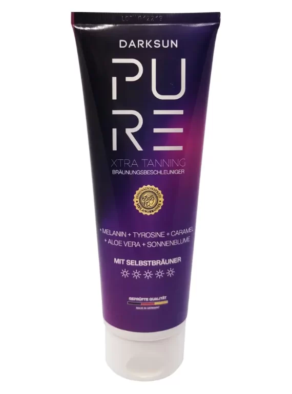 Pure Xtra Tanning M-Tyrosine Caramel 125ml soliariumo kremas - juoda-violetinė pereinančių spalvų pakuotė, su M-tirozinu, melaninu, karamele, saulėgrąžų aliejumi ir alavijais intensyviam įdegiui su natūraliu atspalviu ir odos drėkinimu