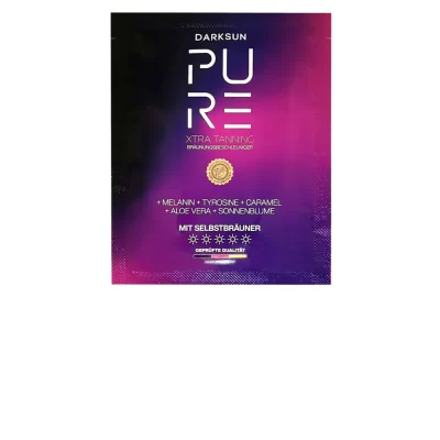 Pure Xtra Tanning M-Tyrosine Caramel 15ml soliariumo kremas - juoda-violetinė pereinančių spalvų pakuotė, su M-tirozinu, melaninu, karamele, saulėgrąžų aliejumi ir alavijais intensyviam įdegiui su natūraliu atspalviu ir odos drėkinimu