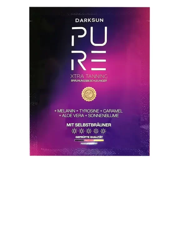 Pure Xtra Tanning M-Tyrosine Caramel 15ml soliariumo kremas - juoda-violetinė pereinančių spalvų pakuotė, su M-tirozinu, melaninu, karamele, saulėgrąžų aliejumi ir alavijais intensyviam įdegiui su natūraliu atspalviu ir odos drėkinimu