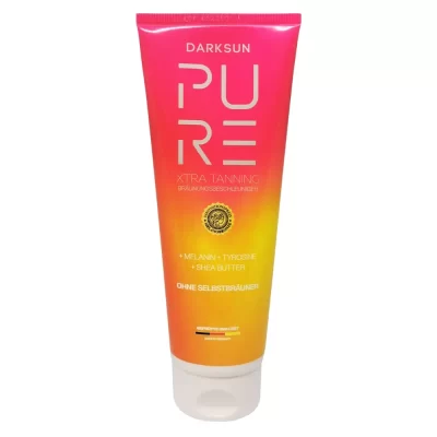 Pure Xtra Tanning M-Tyrosine Shea Butter125ml soliariumo kremas - rožinė-oranžinė pereinančių spalvų pakuotė, su M-tirozinu, melaninu ir taukmedžio sviestu natūraliam intensyviam įdegiui ir odos drėkinimui