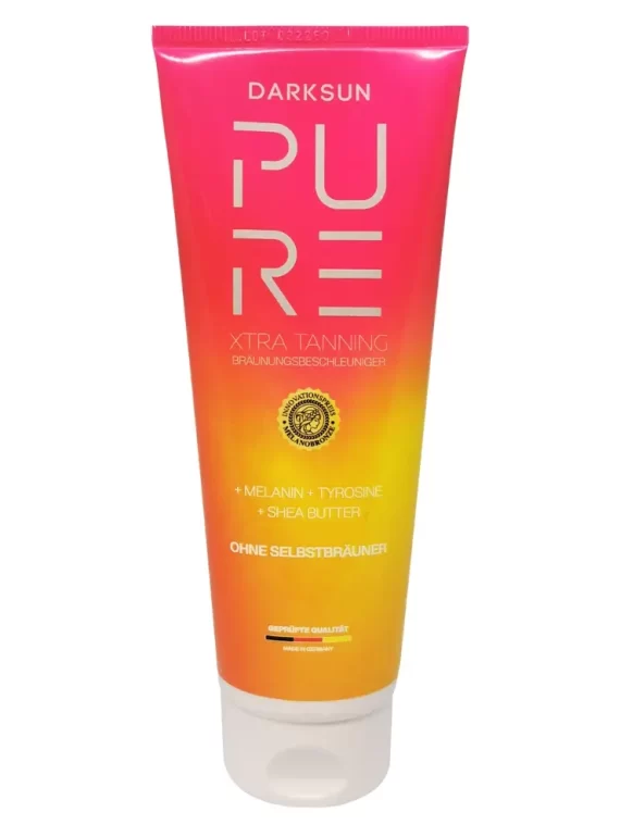 Pure Xtra Tanning M-Tyrosine Shea Butter125ml soliariumo kremas - rožinė-oranžinė pereinančių spalvų pakuotė, su M-tirozinu, melaninu ir taukmedžio sviestu natūraliam intensyviam įdegiui ir odos drėkinimui