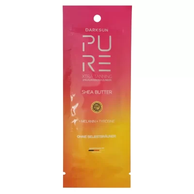 Pure Xtra Tanning M-Tyrosine Shea Butter15ml soliariumo kremas - rožinė-oranžinė pereinančių spalvų pakuotė, su M-tirozinu, melaninu ir taukmedžio sviestu natūraliam intensyviam įdegiui ir odos drėkinimui