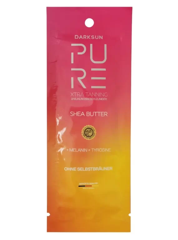 Pure Xtra Tanning M-Tyrosine Shea Butter15ml soliariumo kremas - rožinė-oranžinė pereinančių spalvų pakuotė, su M-tirozinu, melaninu ir taukmedžio sviestu natūraliam intensyviam įdegiui ir odos drėkinimui