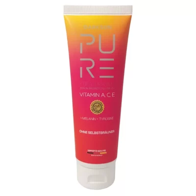 Pure Xtra Tanning M-Tyrosine Vitamin A C E 125ml soliariumo kremas - raudona-geltona pereinančių spalvų pakuotė, su M-tirozinu, melaninu ir vitaminais A, C, E natūraliam intensyviam įdegiui ir odos apsaugai nuo senėjimo