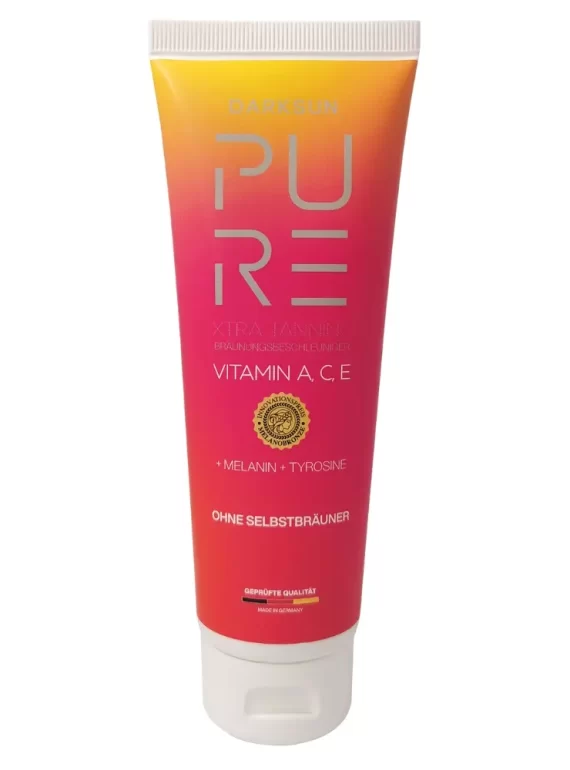 Pure Xtra Tanning M-Tyrosine Vitamin A C E 125ml soliariumo kremas - raudona-geltona pereinančių spalvų pakuotė, su M-tirozinu, melaninu ir vitaminais A, C, E natūraliam intensyviam įdegiui ir odos apsaugai nuo senėjimo